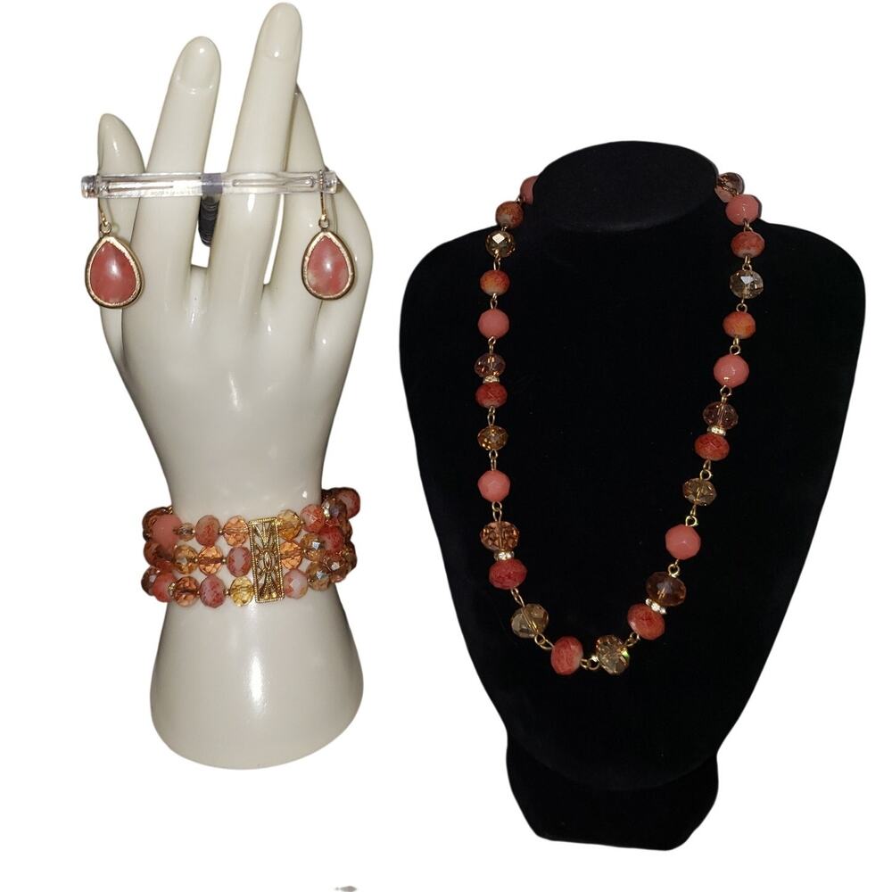 Vintage Coral Beaded Set Coastal Summer Necklace Bracelet Fashion Jewelry Retro